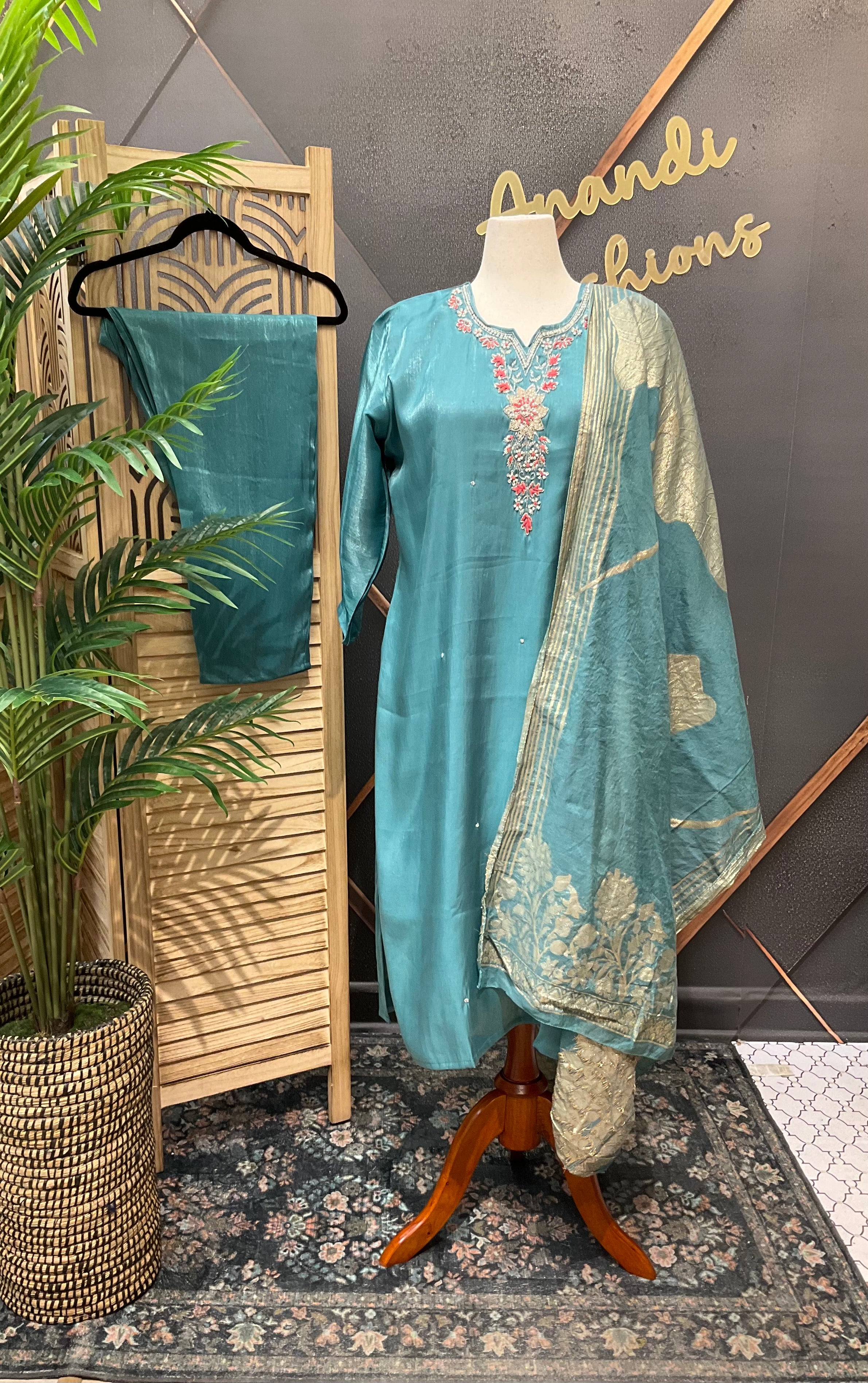 Plus Size Shimmery Tissue Party Wear Blue Kurti set