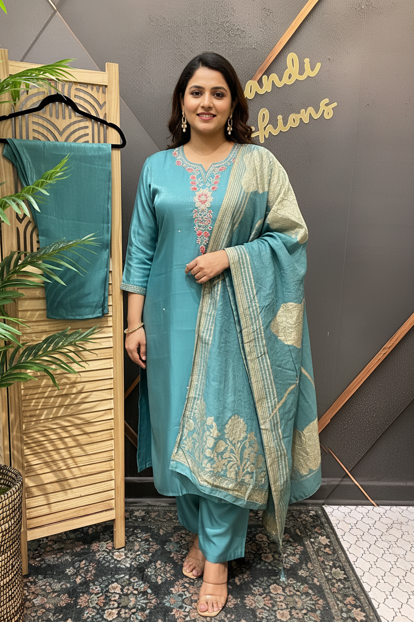 Women’s Plus Size Shimmery Tissue Blue Kurti Set