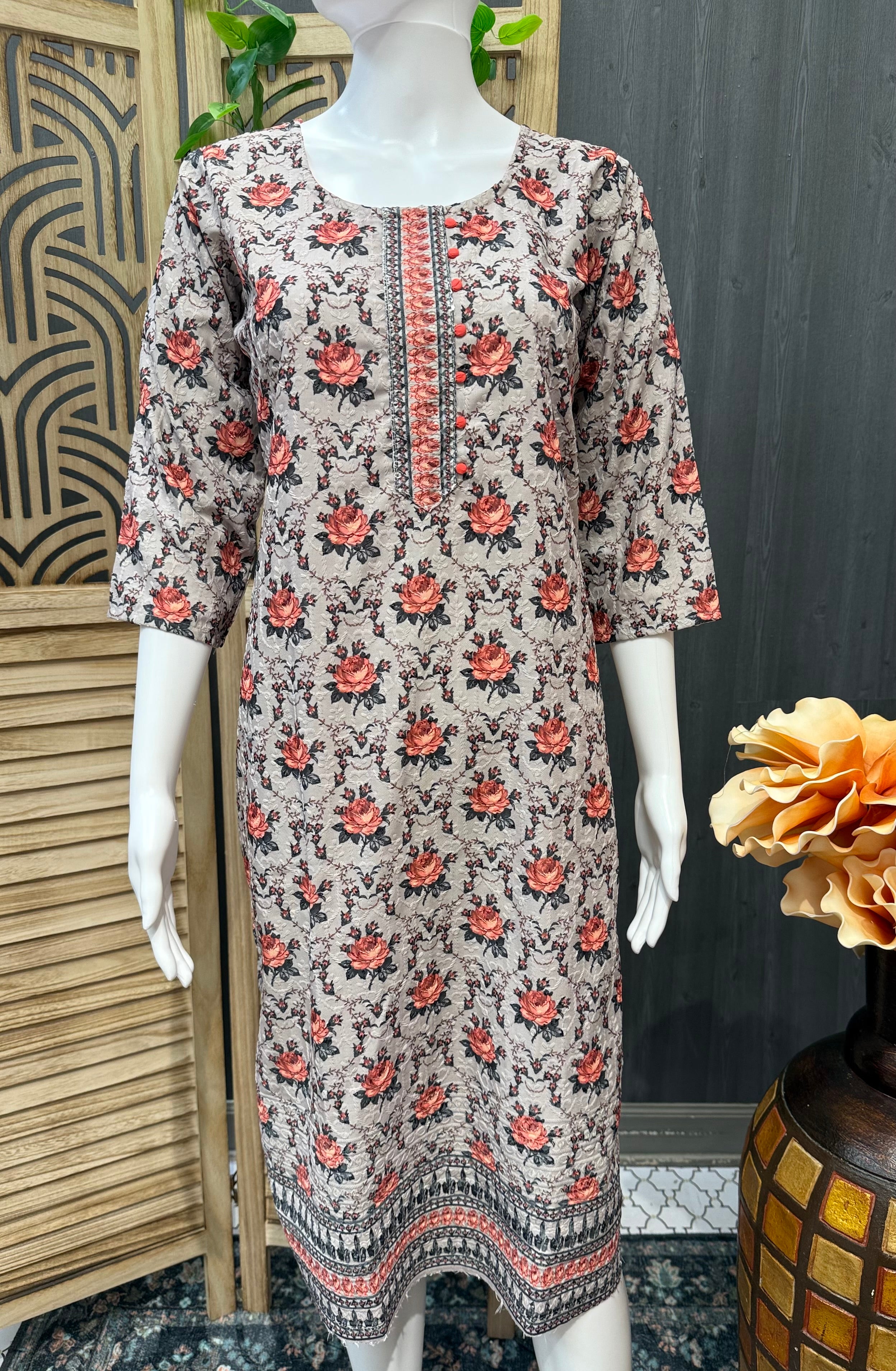Grey Color- Digital Print Floral print Chikankari Kurti- Size 40/44