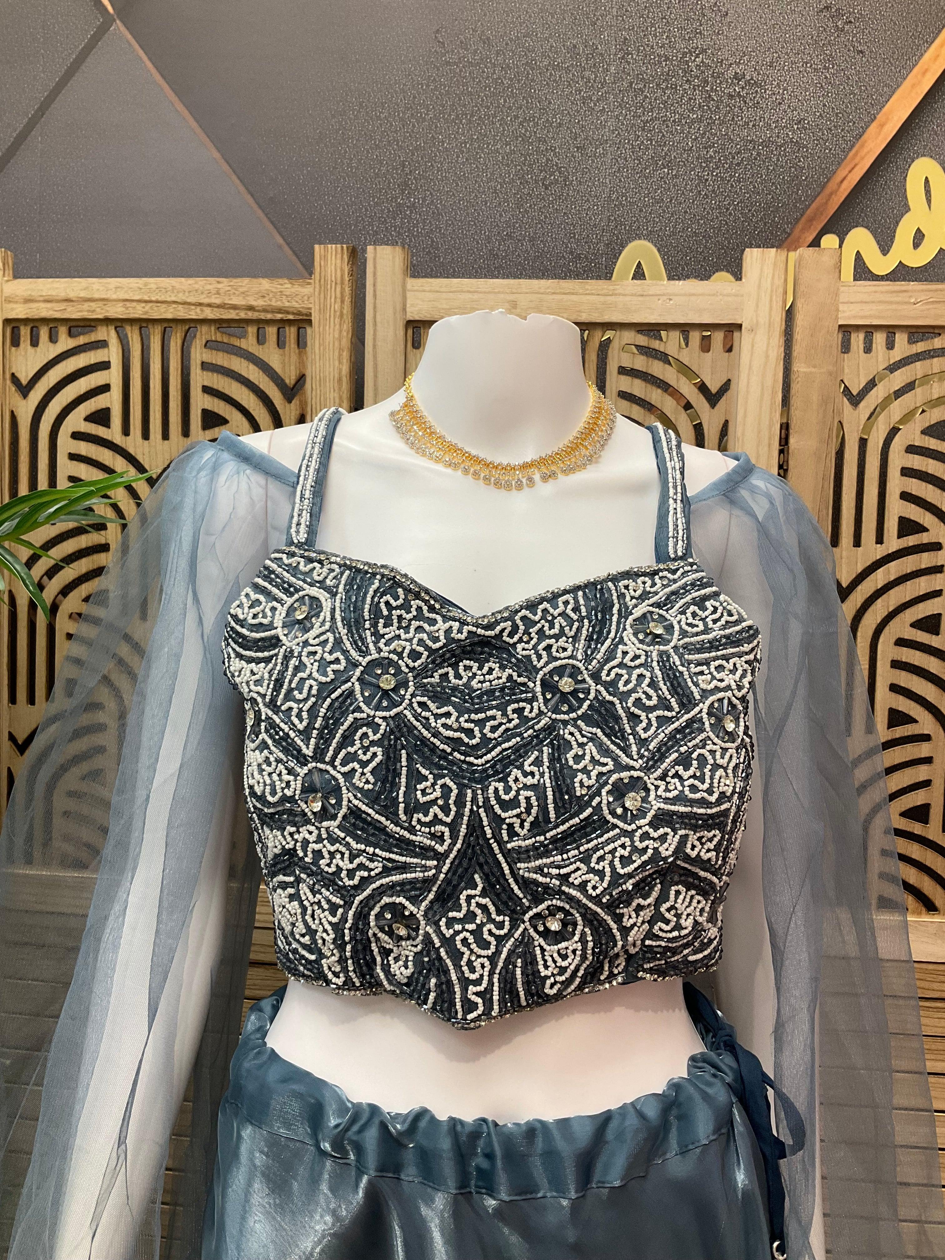 Fancy Satin Silk Lehenga Choli Set - Long Sleeves Party Wear