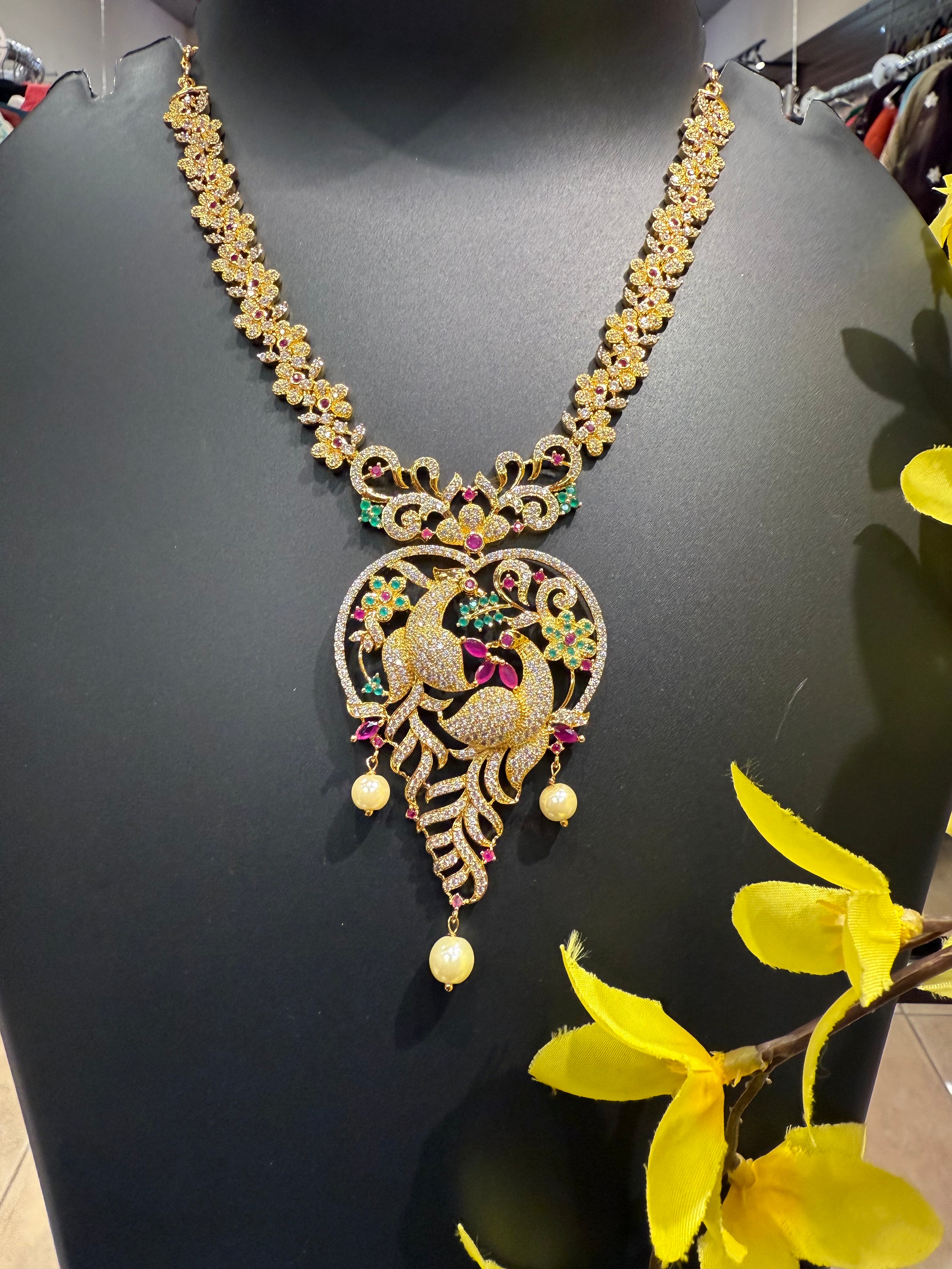 Micro Gold Polish - CZ Necklace set with Peacock pendant