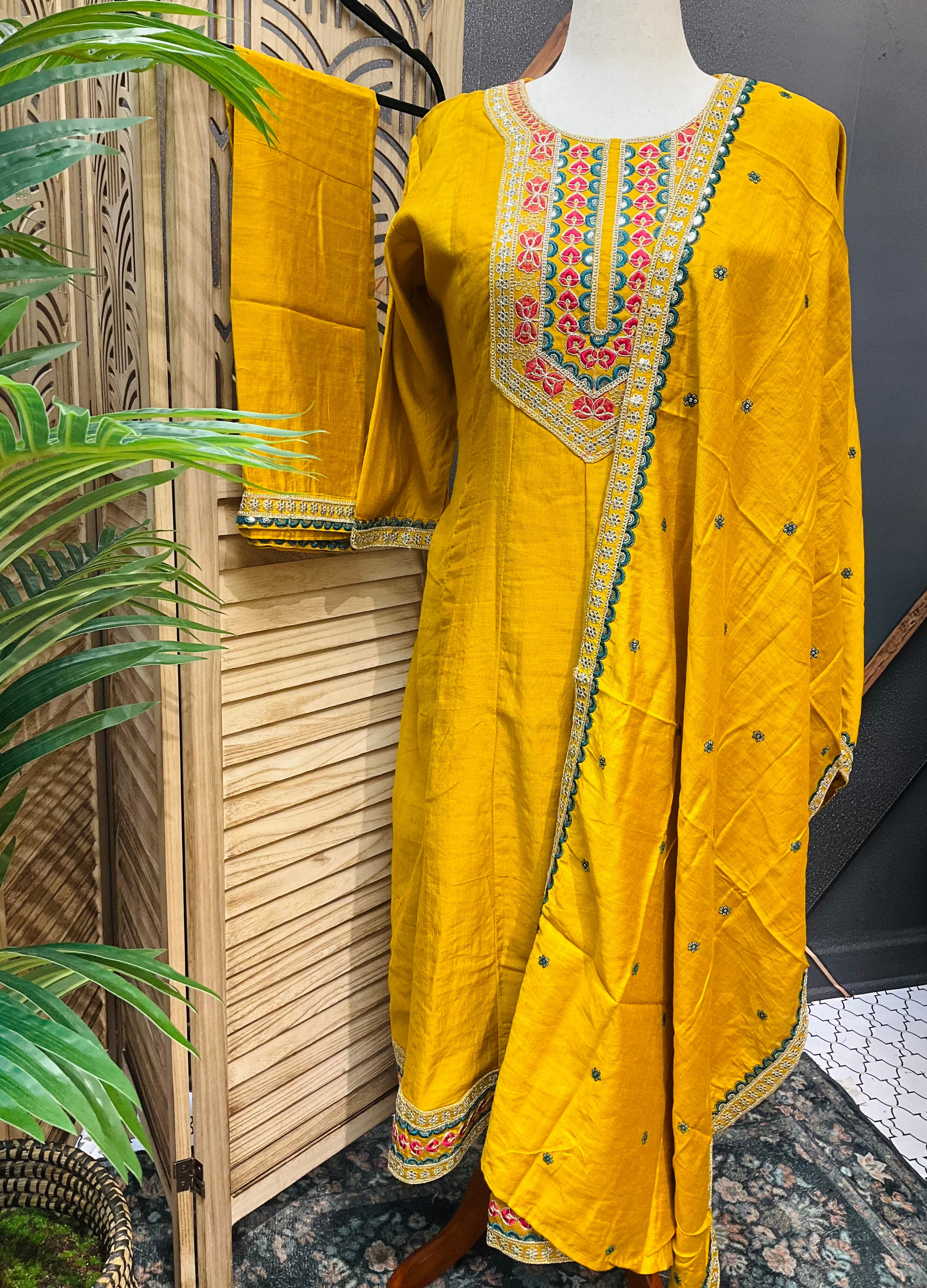 Plus size - Mustard Yellow Anarkali 3 Piece Kurti Set- Size 46