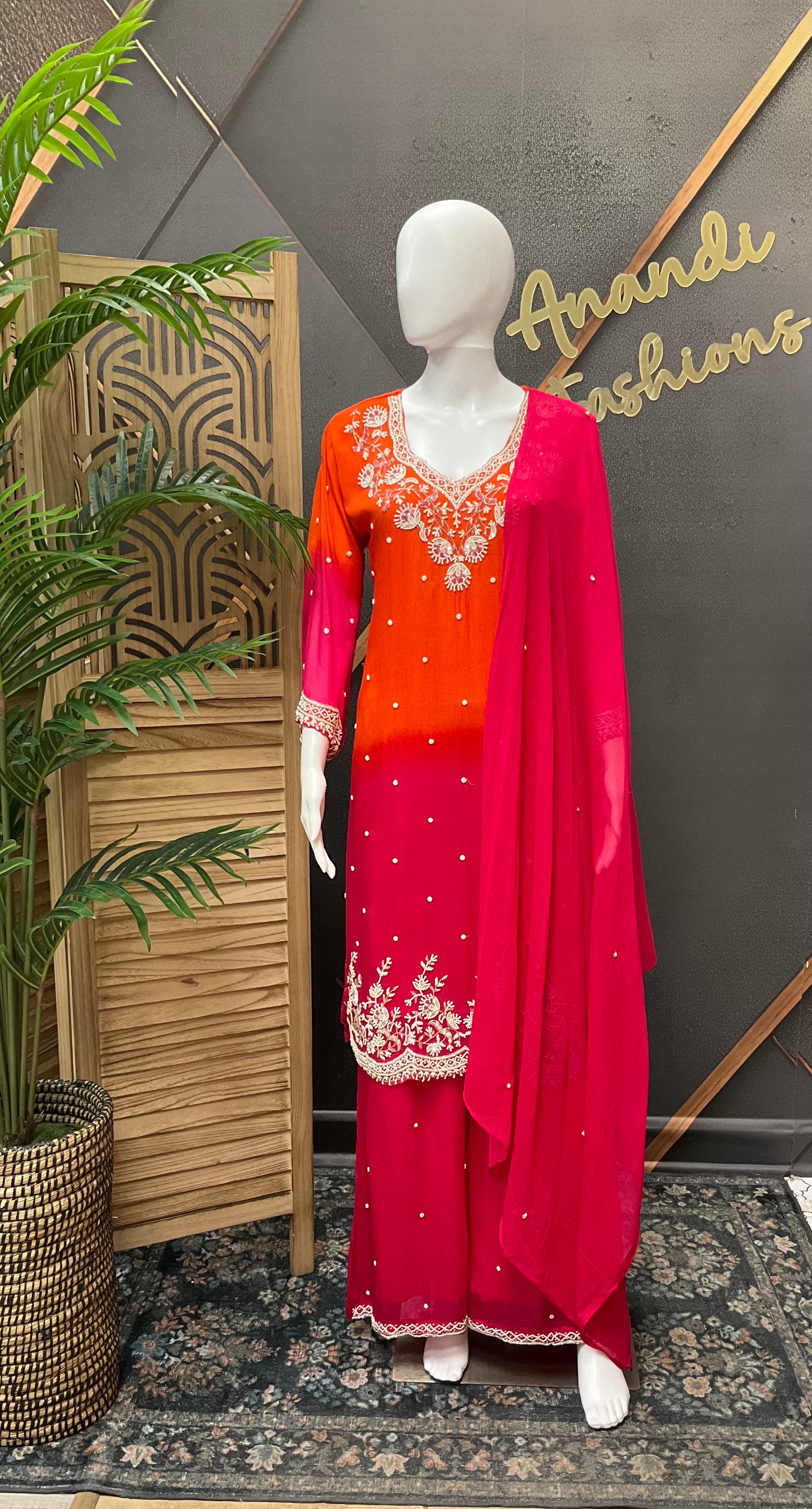 Designer Sharara set - Orange & Pink