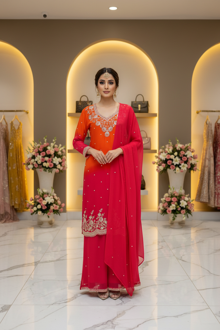Designer Sharara set - Orange & Pink