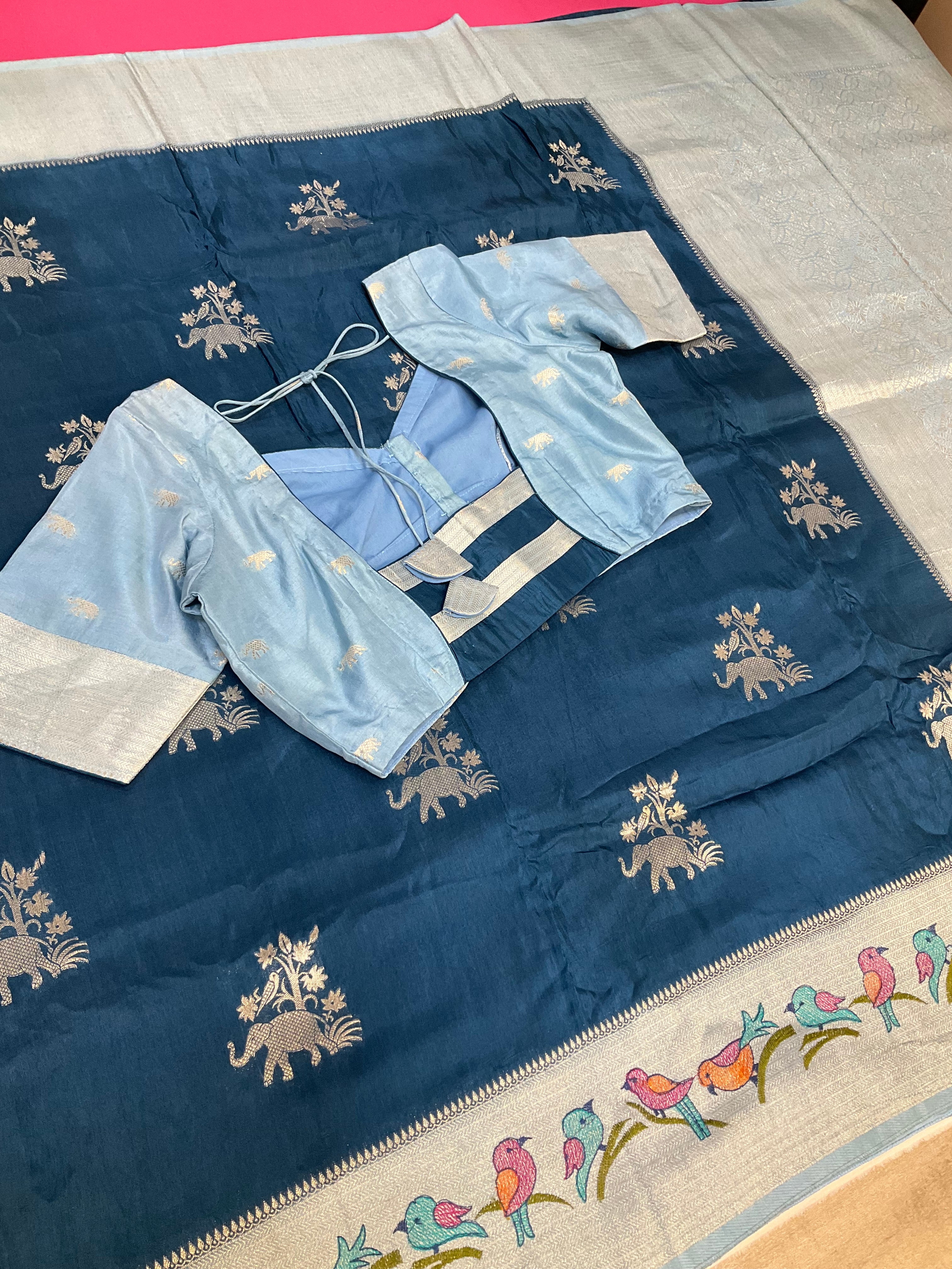 Blue Benarasi Silk saree with stitched blouse