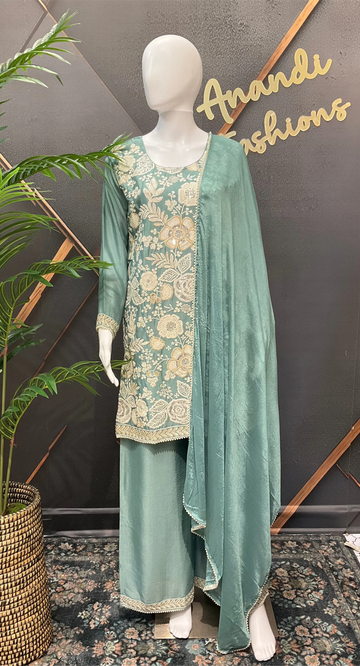 Pastel Blue Party Wear Sharara Suit - Heavy Embroidery Work