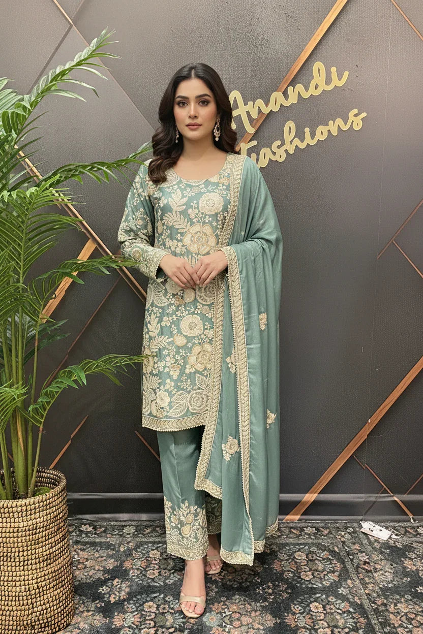Woman modeling sea green embroidered Indian ethnic wear with matching dupatta at Anandi Fashions boutique