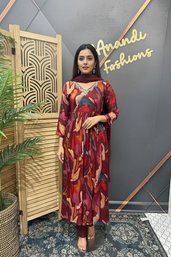 Size 38-Maroon color - Chiffon Kurti set