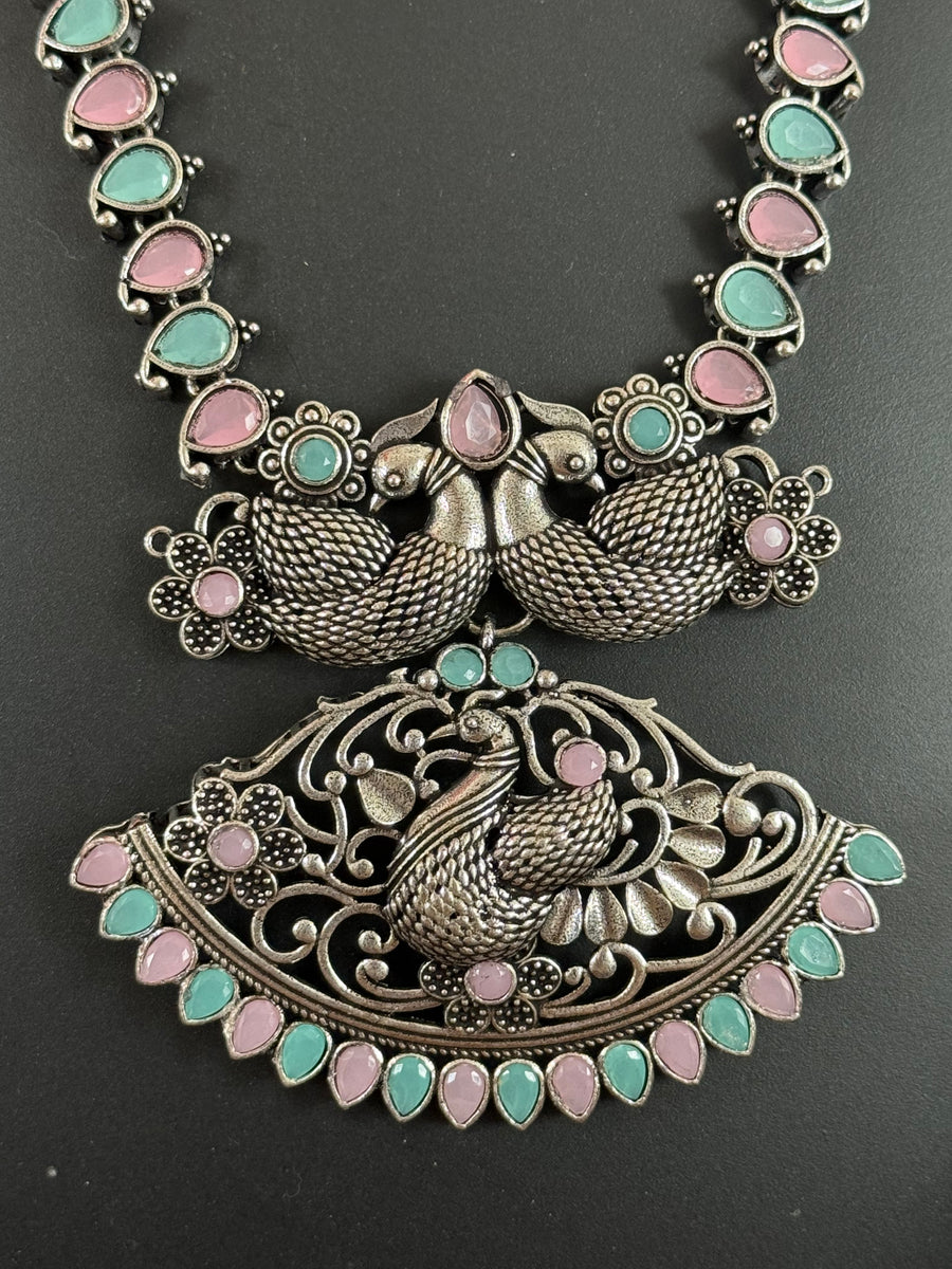 German Silver Long Haram Necklace Set with Pastel Stones