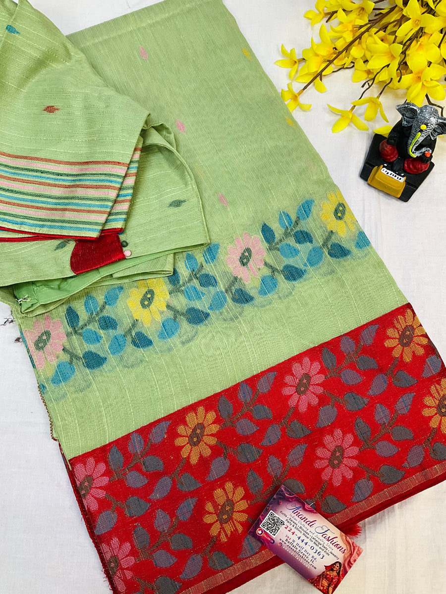 Green Linen Jamdhani weaving Saree with Stitched blouse