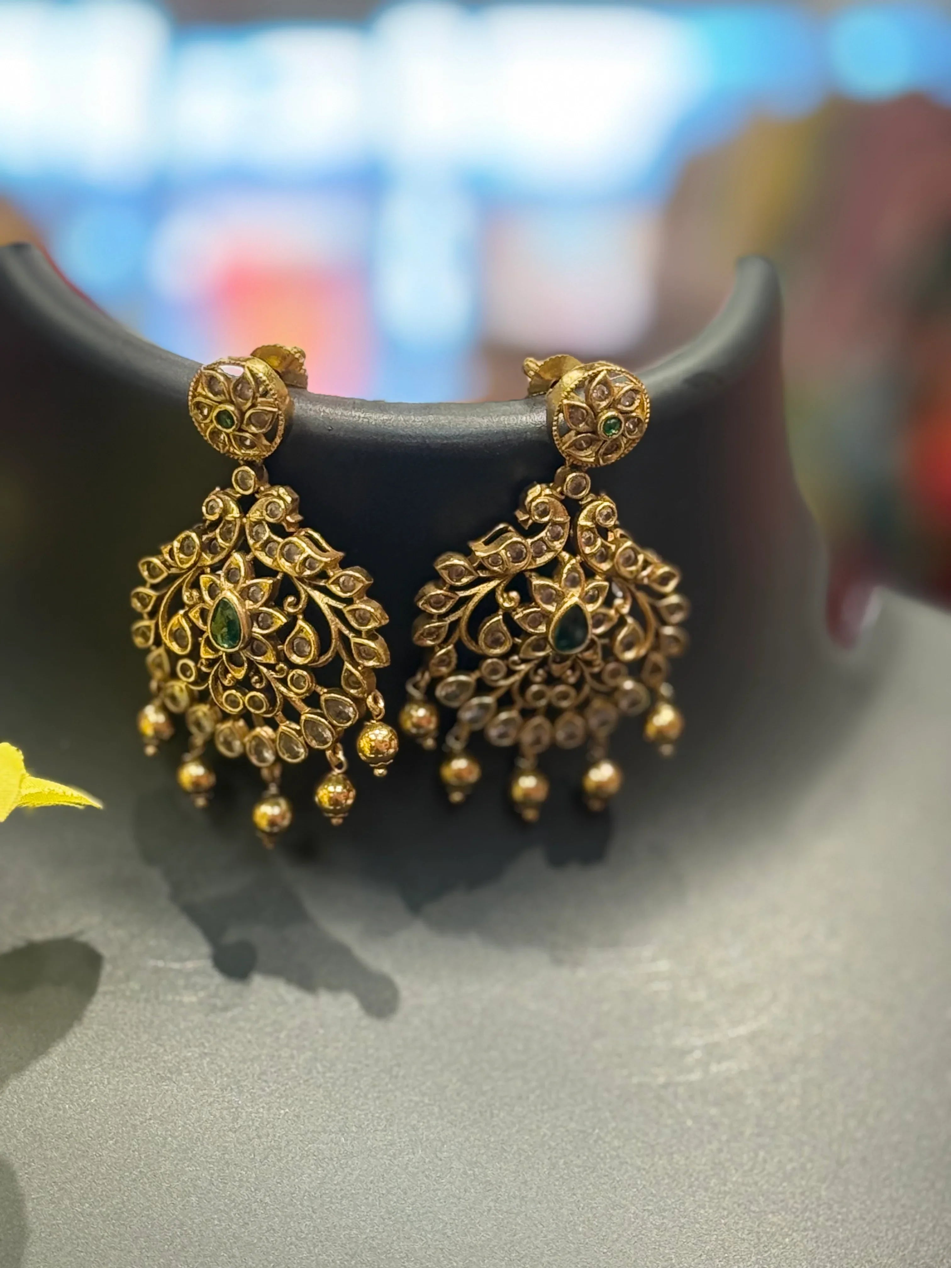 Antique Finish Necklace Set with Emerald Stones & AD Pendant