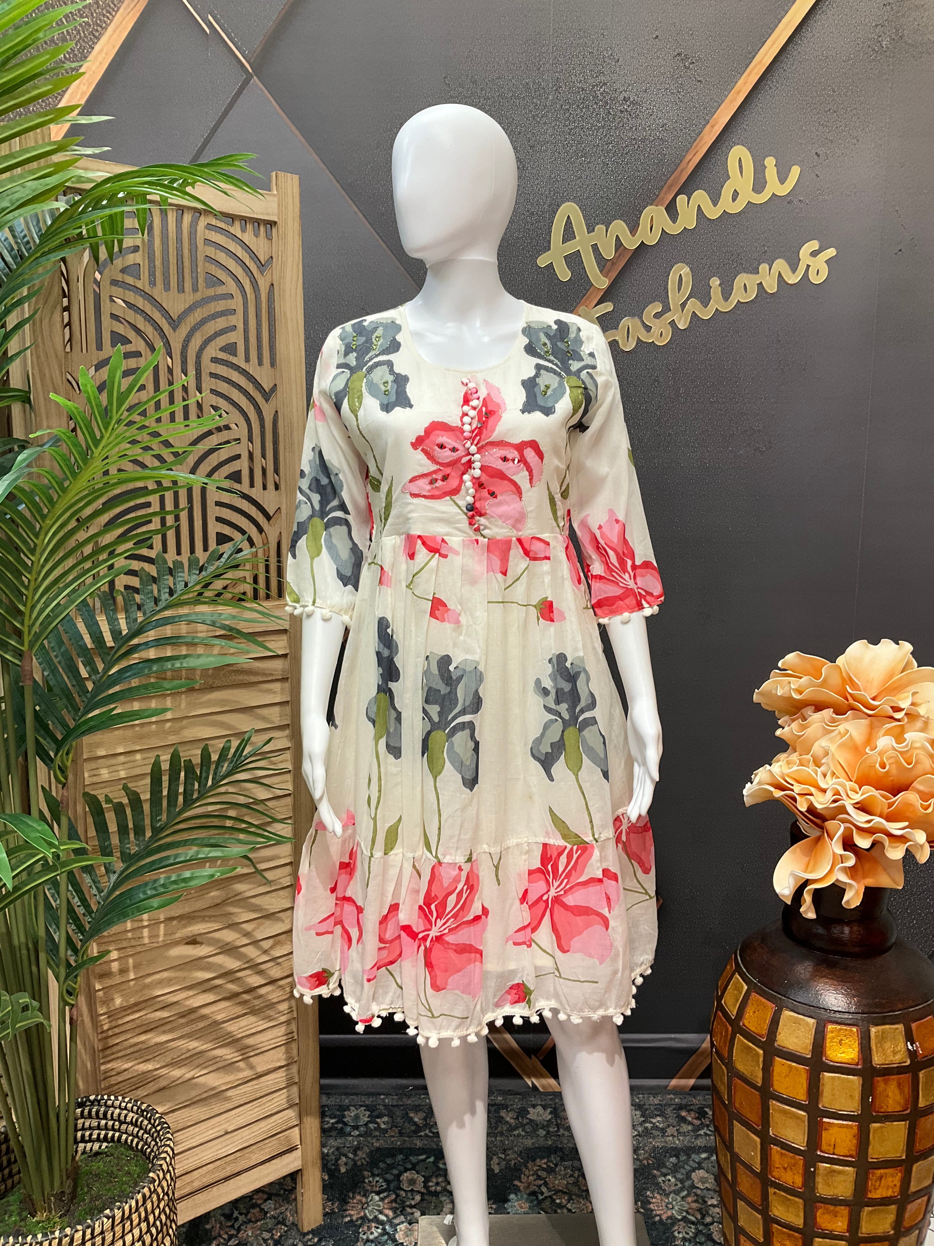 Half white mulmul cotton Knee Length gown/Kurti