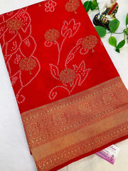 Red Bandhani Weaving Semi Silk Saree with Stitched Blouse