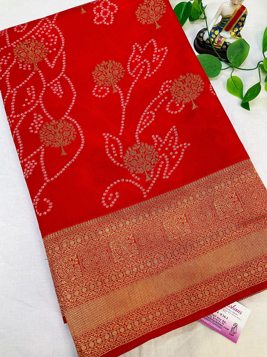 Red Bandhani Weaving Semi Silk Saree with Stitched Blouse