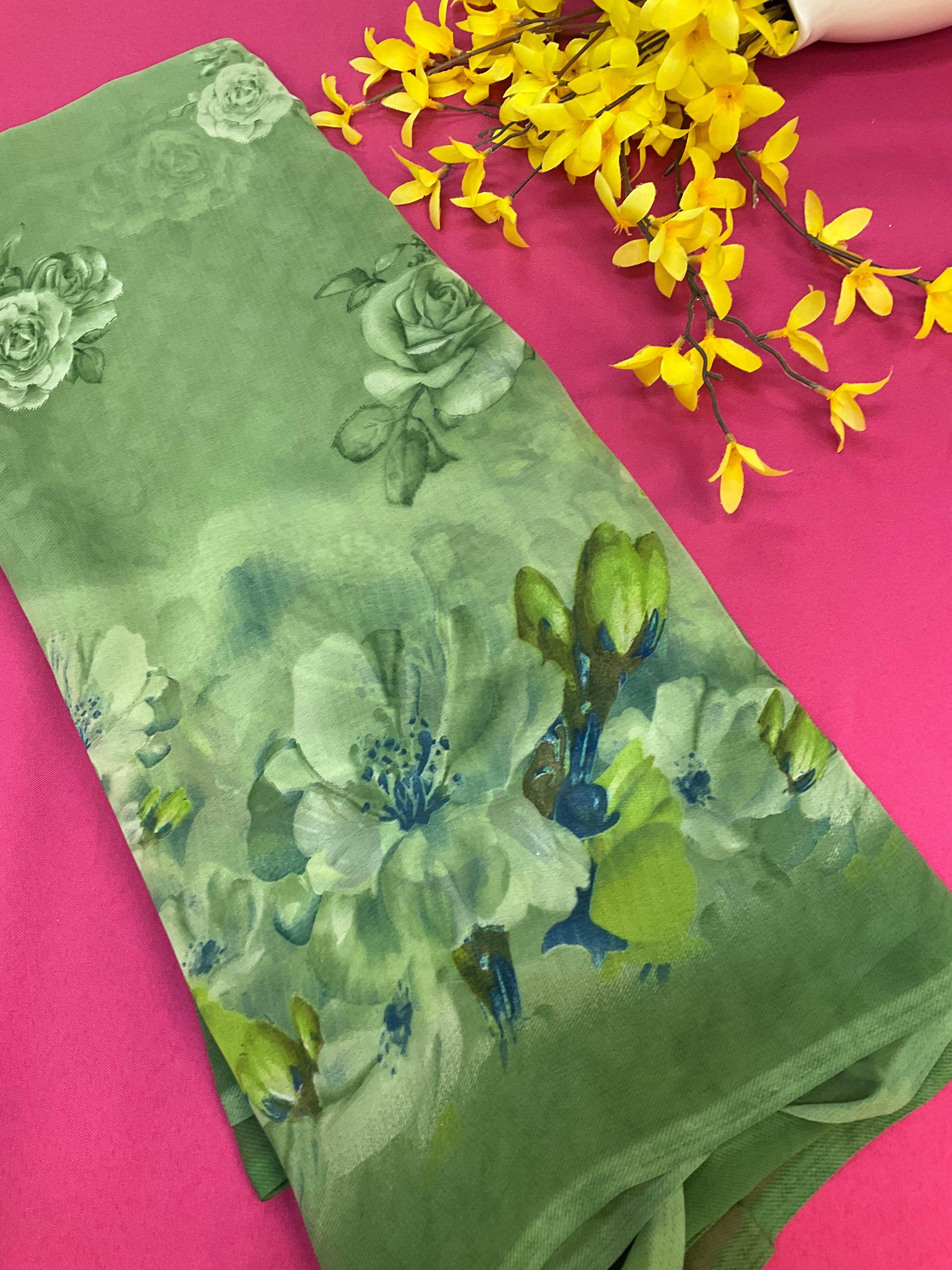 Green Georgette Floral Saree with Blouse - Lightweight Party Wear