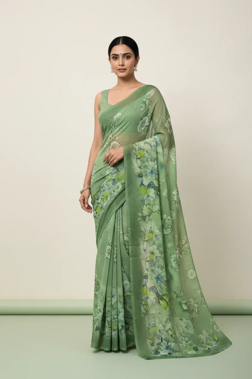 Woman wearing a light green floral print saree with matching blouse, posing against a plain background