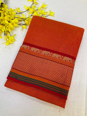 Orange Narayanpet Pure Cotton Saree - Red Border with Elephant Design