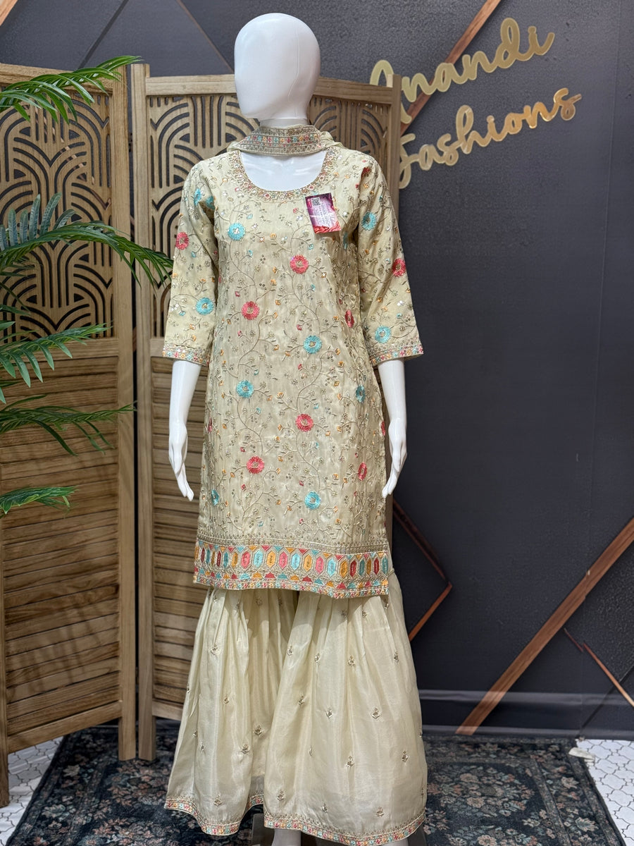 Teenage Girls Gold Tissue Sharara set