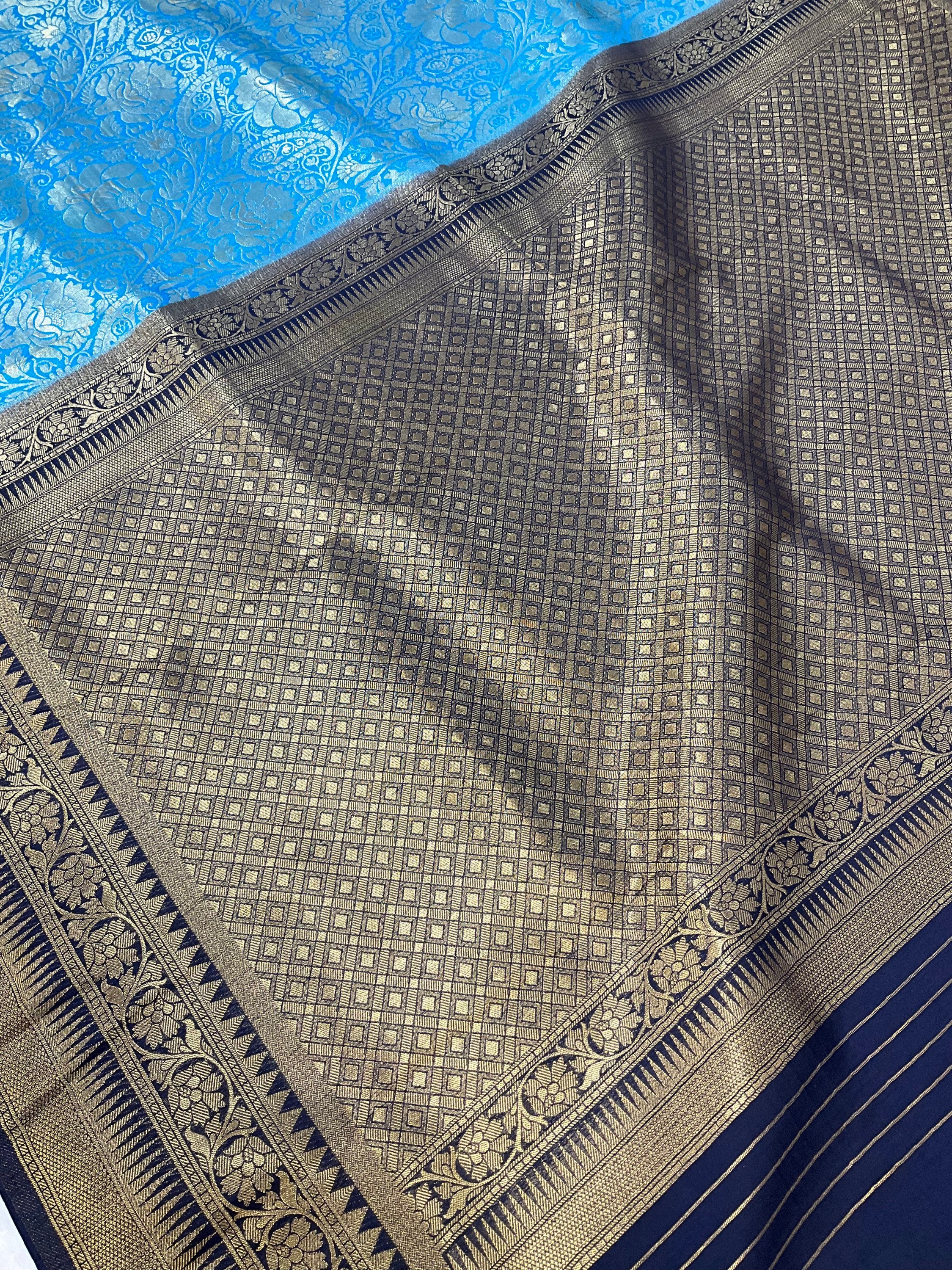 Red soft silk saree with jacquard design and navy blue border and pallu image 14