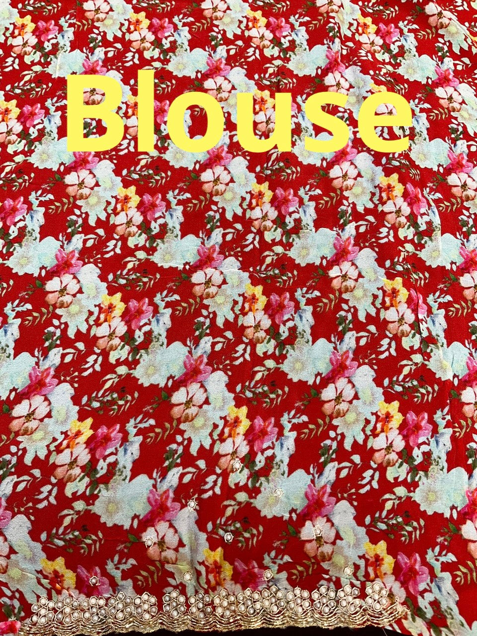 Red Chinnon saree with floral print and cut work border image 2