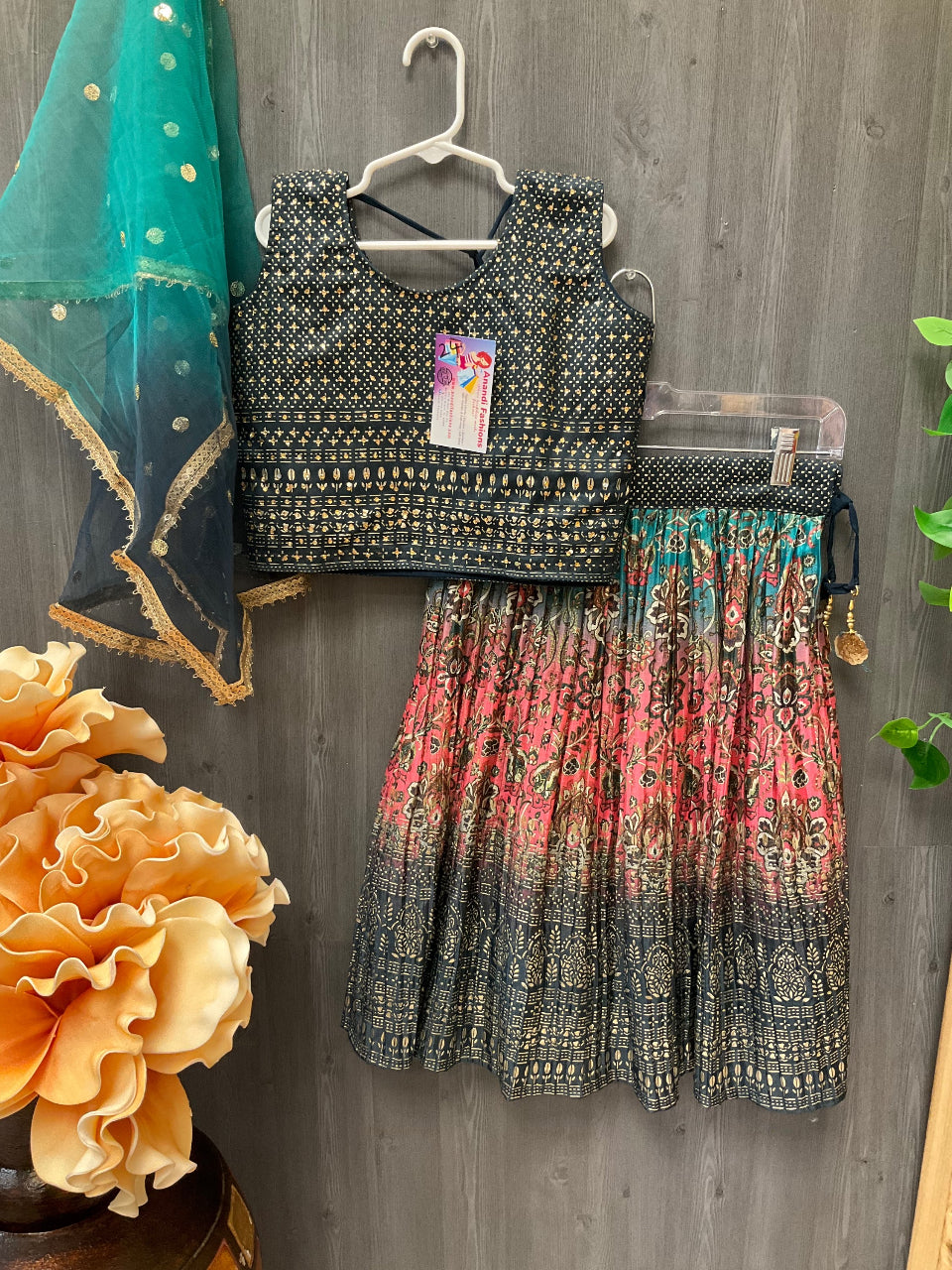 Green and Pink Cute kids lehenga set image 4