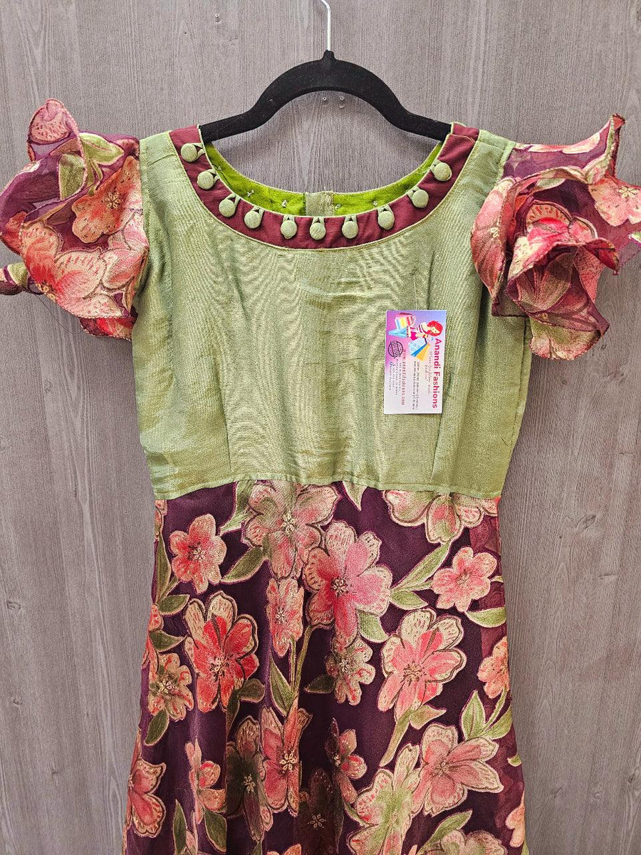 Teen Girls - Customized Satin Silk Long Frock - Size 34