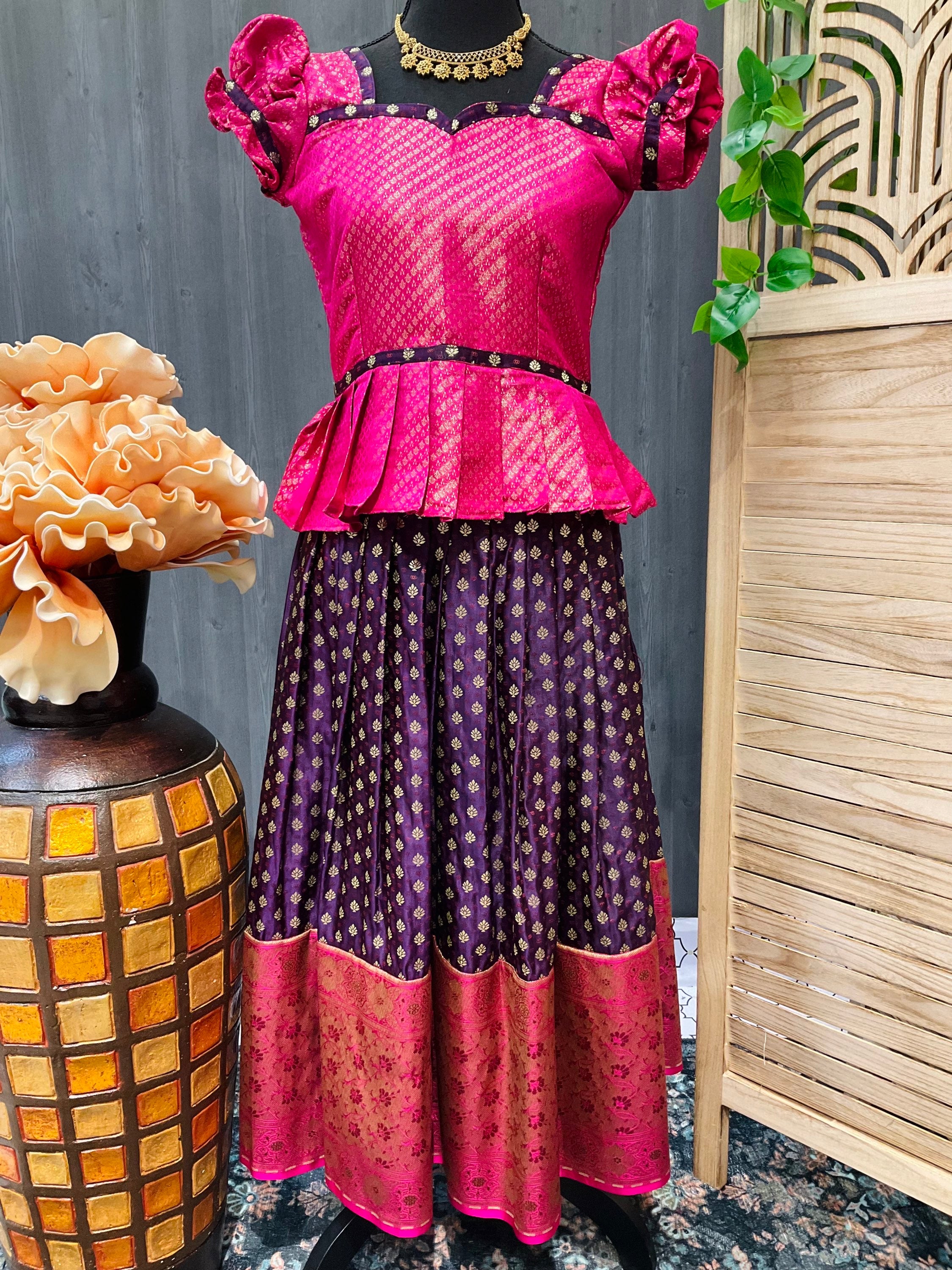 Pink - Purple Color South Indian Pattu Pavadai set- Size 30/32 image 0