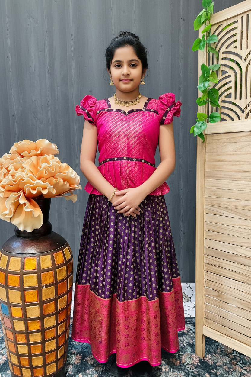 Girls Pink & Purple South Indian Pattu Pavadai Set