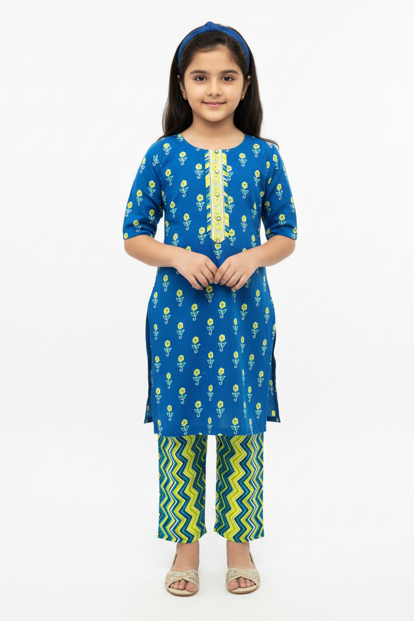 Young girl wearing a blue floral kurta with green and yellow pants on a white background