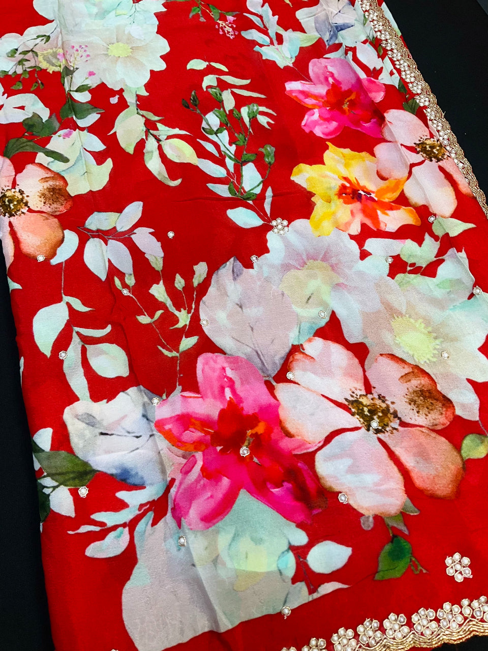 Red Chinnon saree with floral print and cut work border image 1