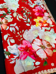 Red Chinnon saree with floral print and cut work border