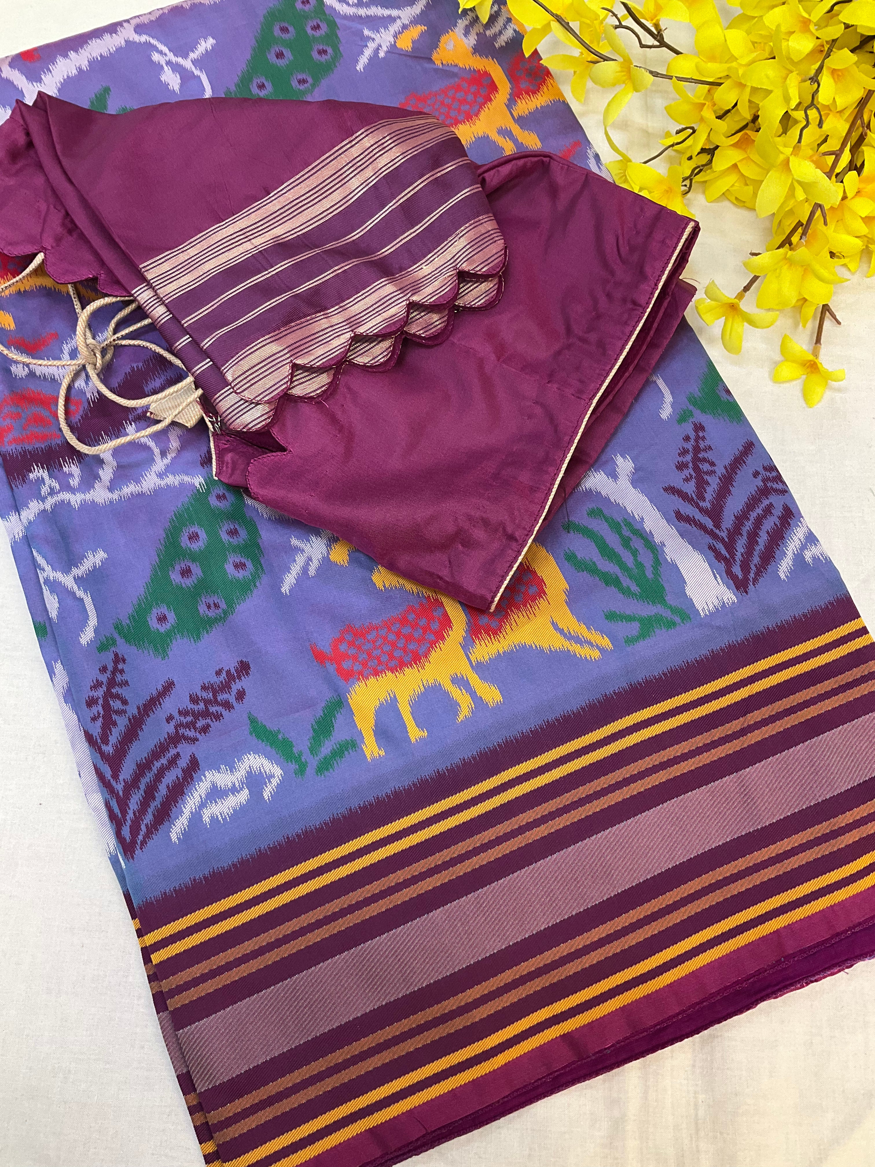 Lavender-Semi Silk Ikkath Saree with stitched Blouse- Jungle Theme image 0