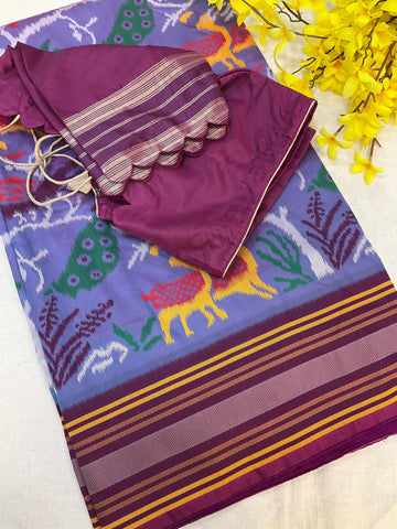 Lavender Semi Silk Ikkath Saree with Stitched Blouse - Jungle Theme Design