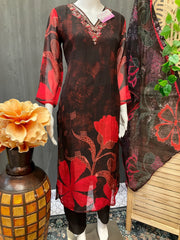 Black Organza floral print Chudidhar/Kurti set