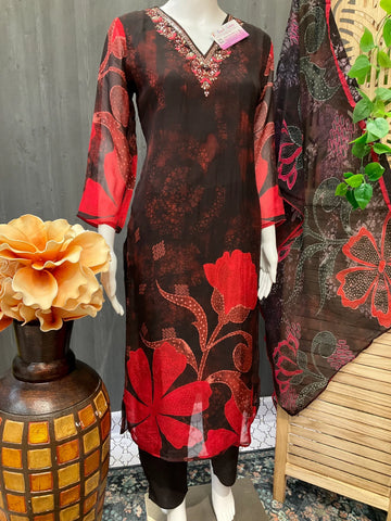 Black Organza floral print Chudidhar/Kurti set