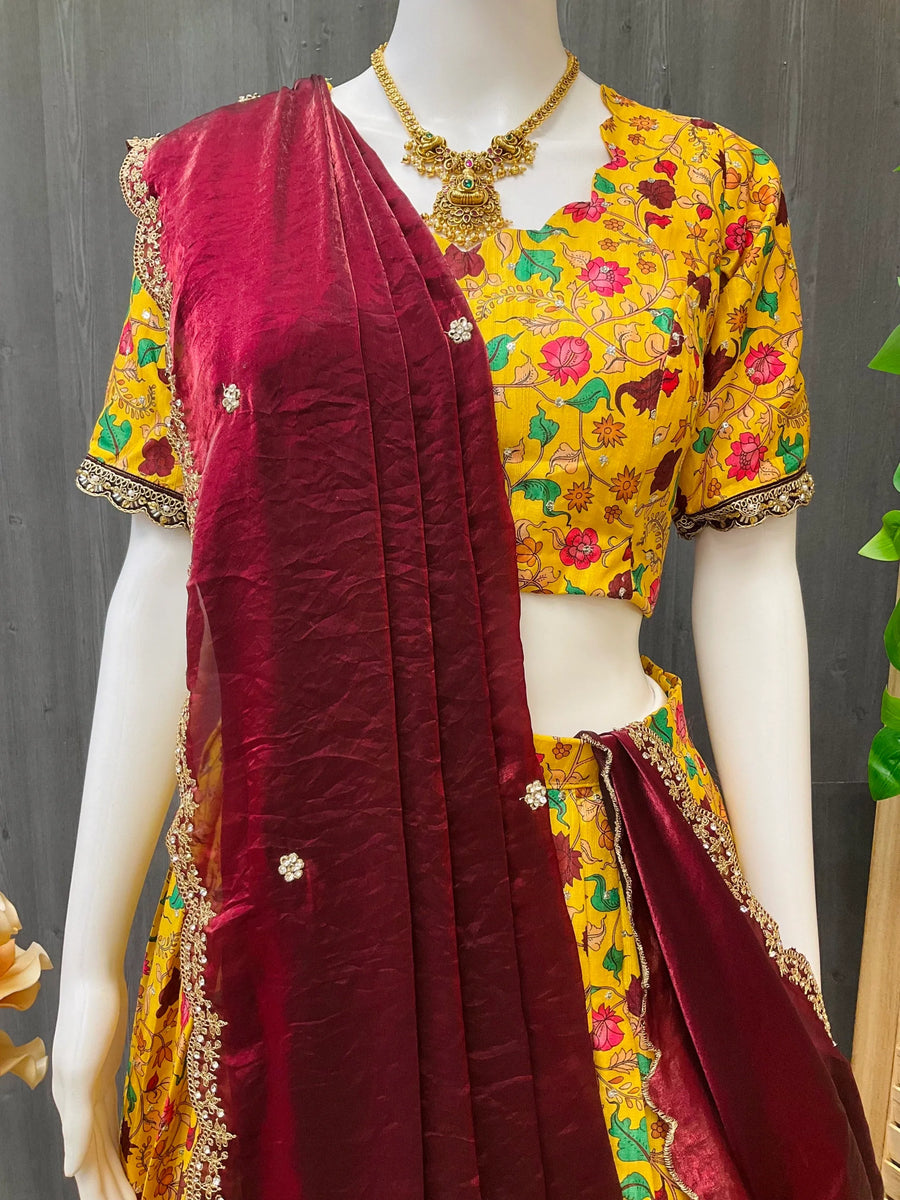 Yellow Kalamkari Half Saree Size 36 - Traditional Lehenga (fits upto 42)