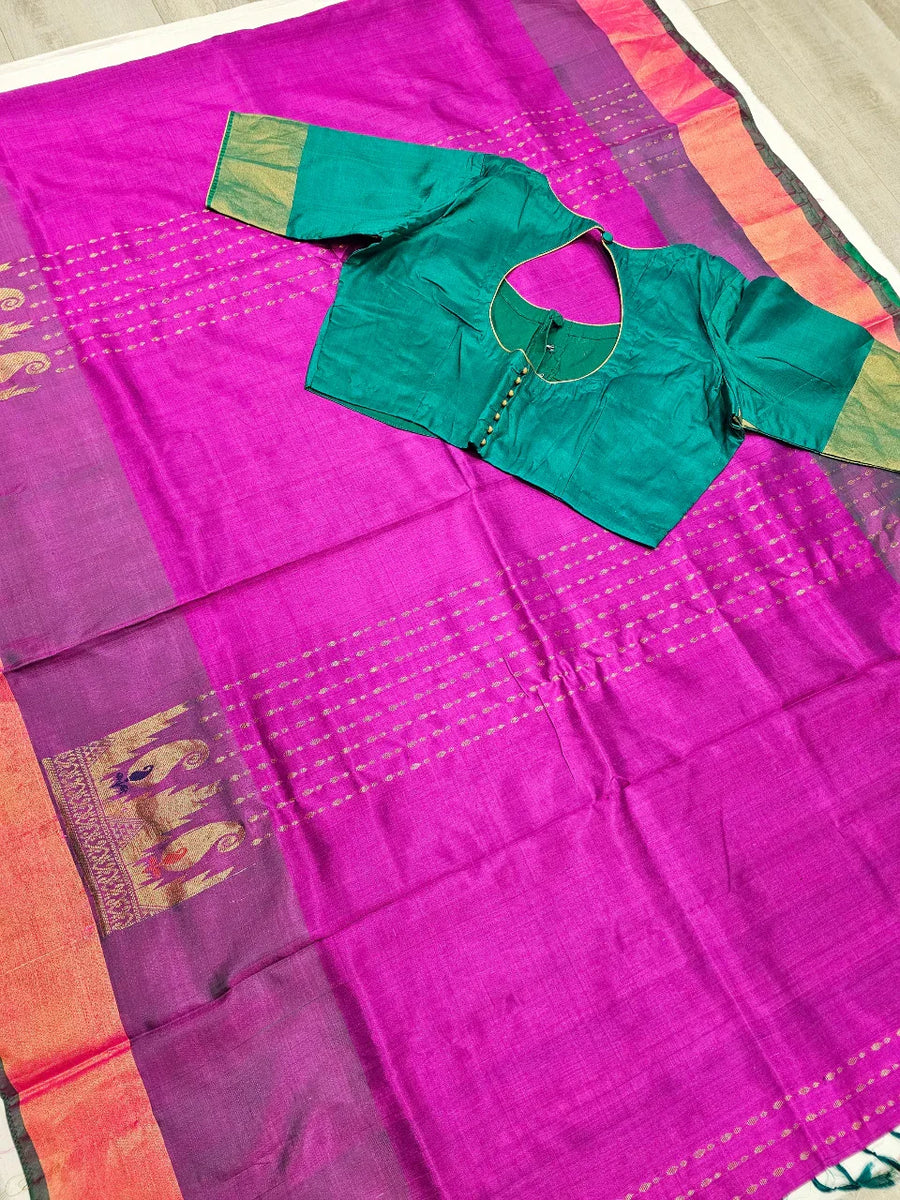 Uppada Pure Silk Saree with Stitched Green Blouse Size 38-42 - Parrot Green & Gold