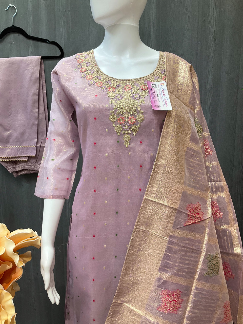 Purple Color Kurti set with Benaras Dupatta image 1