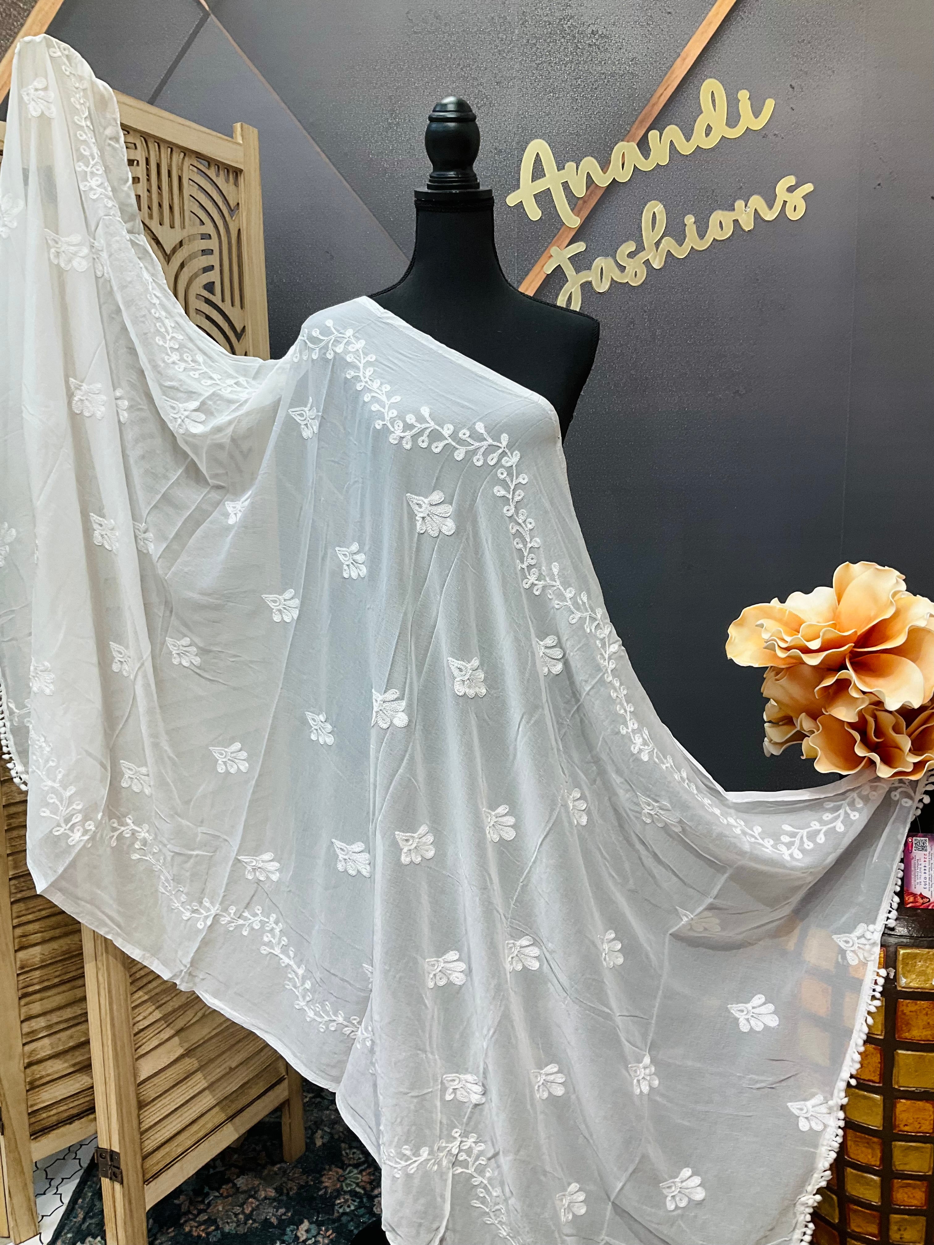 White Chiffon Dupatta with work