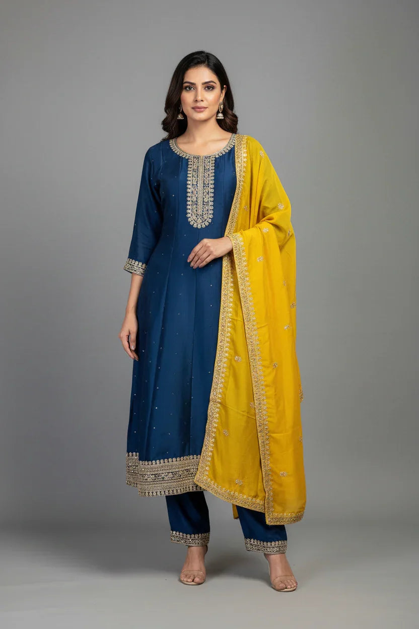 Woman wearing navy blue embroidered kurta with matching pants and yellow dupatta, neutral grey background