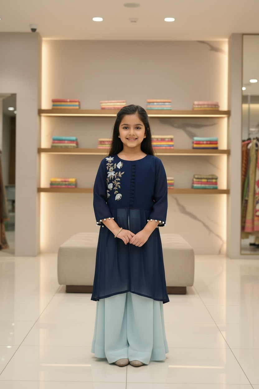 Blue -Girls Chiffon Lehenga Set -Size 26