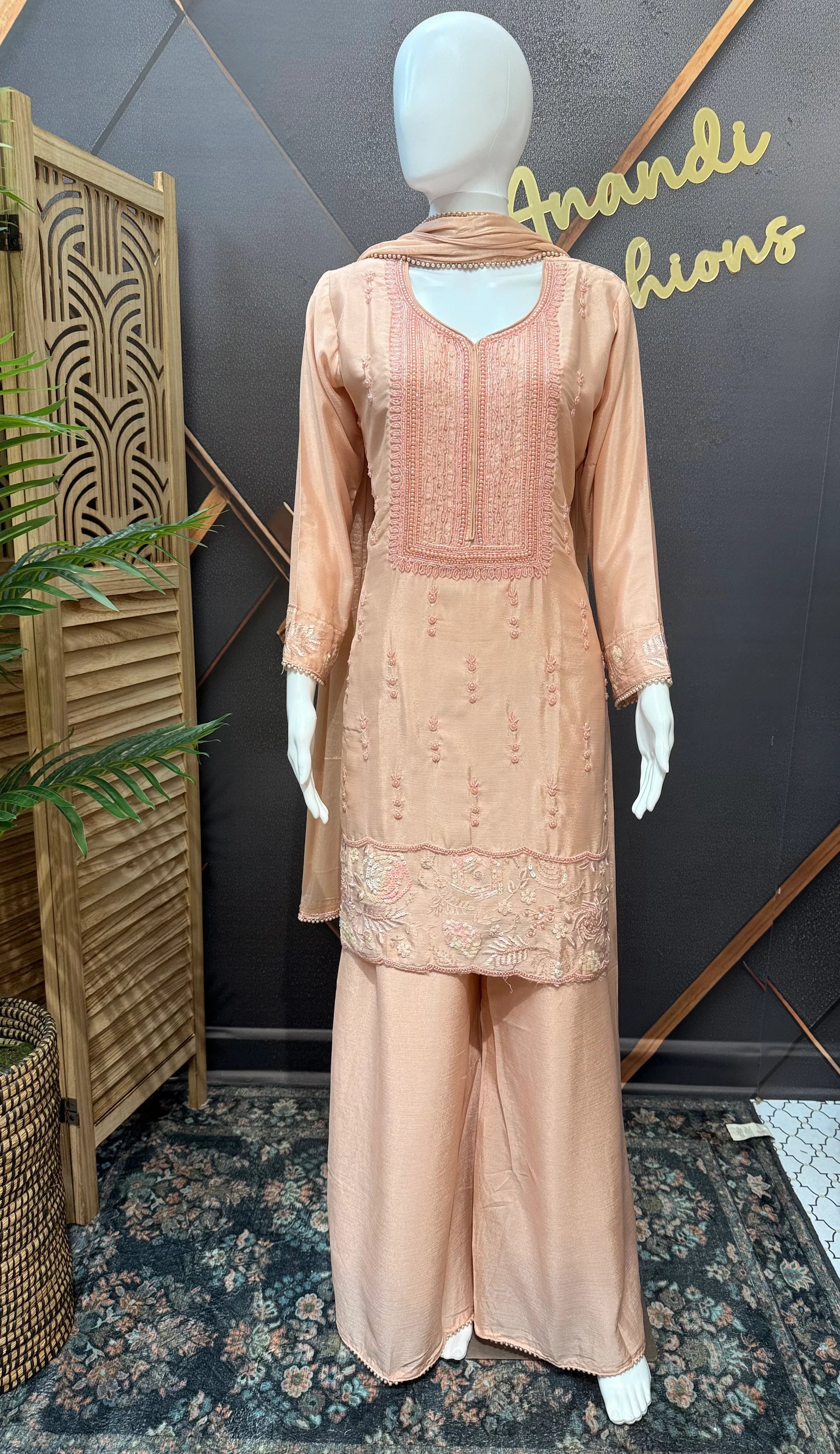 Pastel Pink Party Wear Palazzo Set - Satin Silk with Bead Embroidery