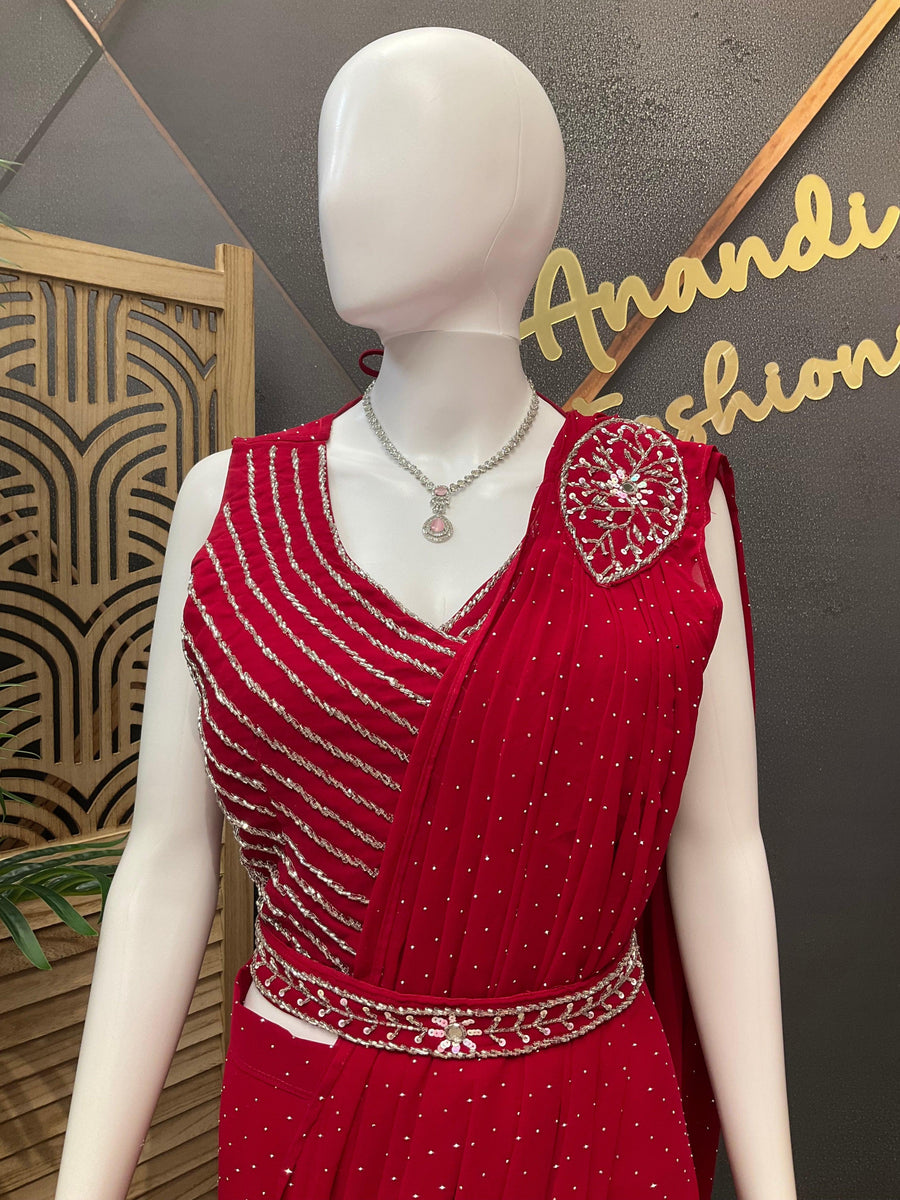 Pink Party Wear Ready to Wear Saree - Georgette with Belt & Silver Work