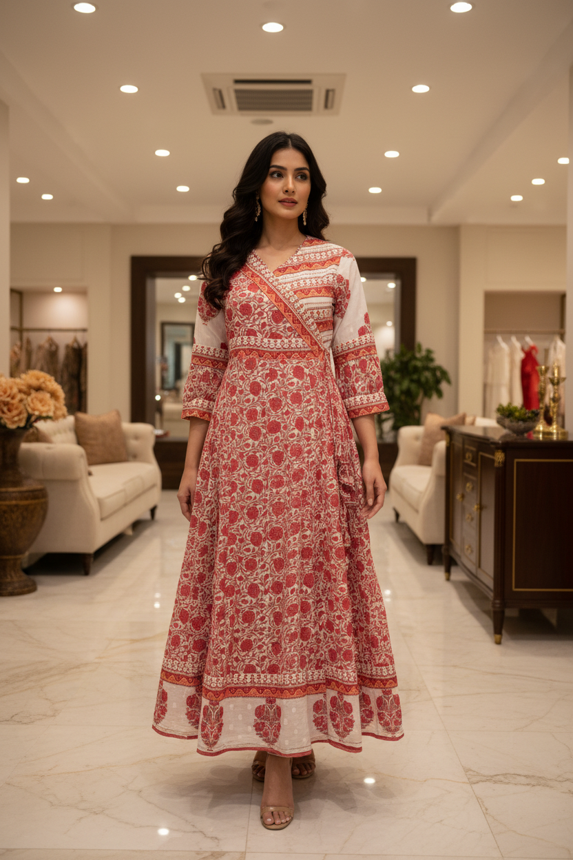 Stylish Cotton long Stylish Angrakha Style Anarkali dress/Kurti - Size 38