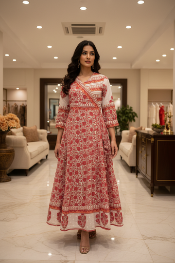 Stylish Cotton long Stylish Angrakha Style Anarkali dress/Kurti - Size 38