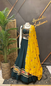 Teal Blue Garba Silk Chaniya Choli with Mirrors