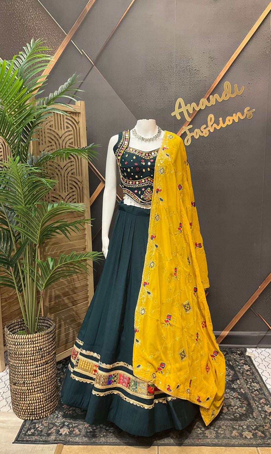 Teal Blue Garba Silk Chaniya Choli with Mirrors