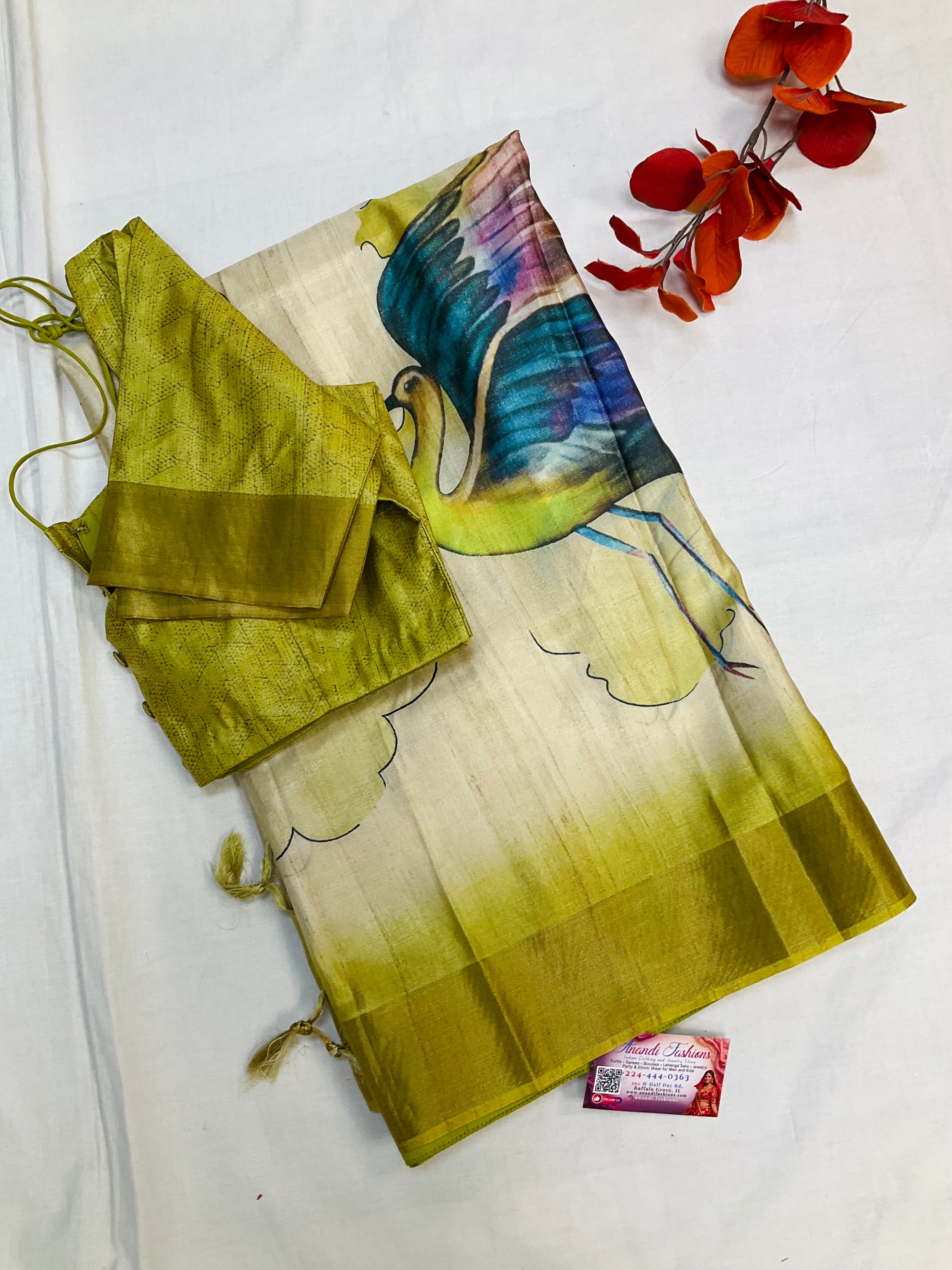 Digital Print - Tussar Silk Saree with Stitched Blouse- Bird Theme