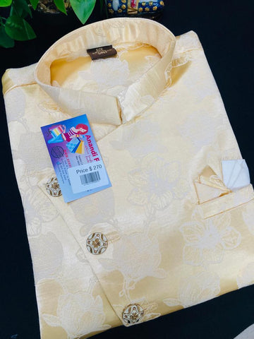 Party Wear for Men - Yellow Kurta with Print with White Dhoti Pant