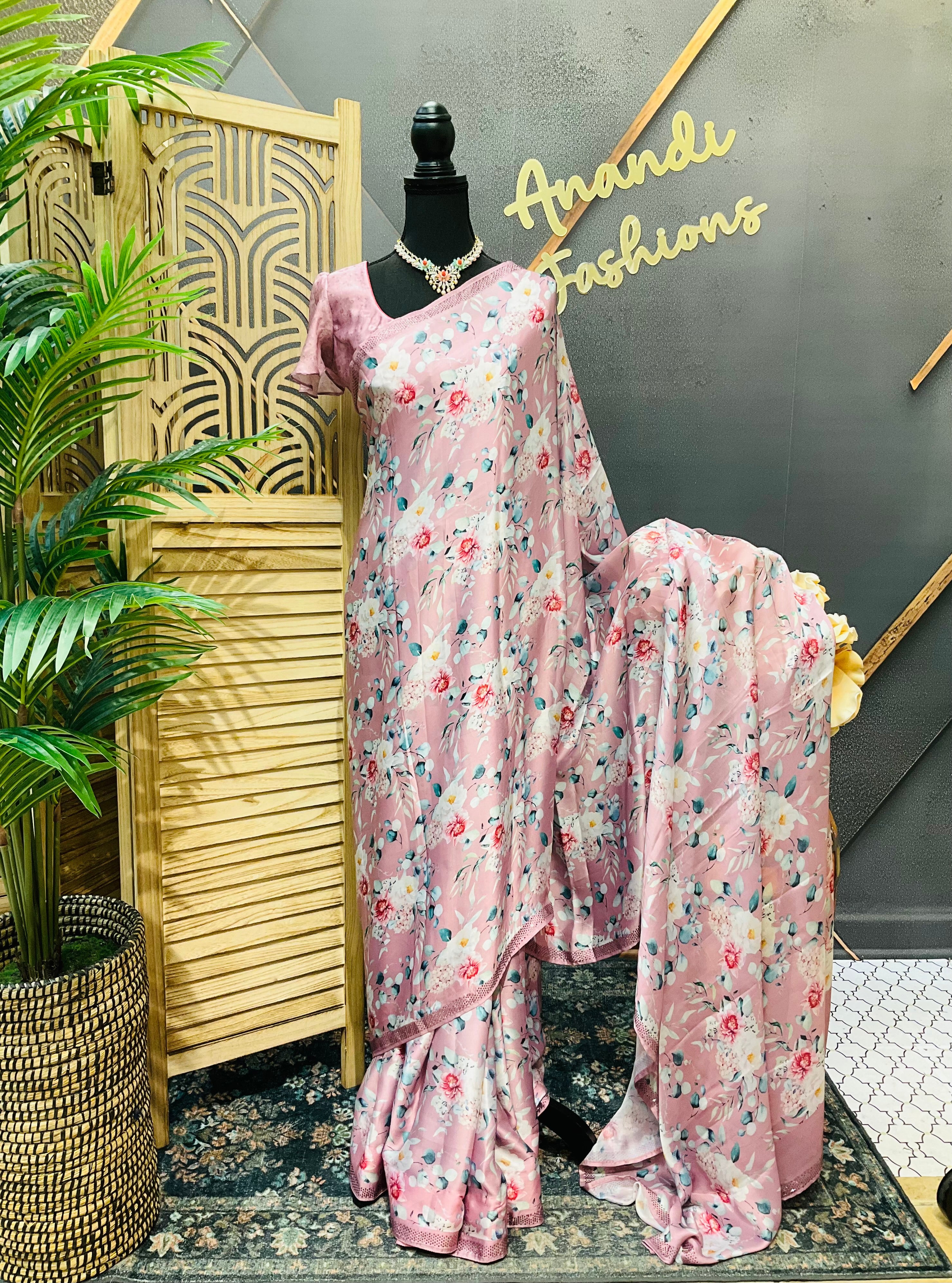 Crape Silk Digital print Floral sarees with stitched blouse